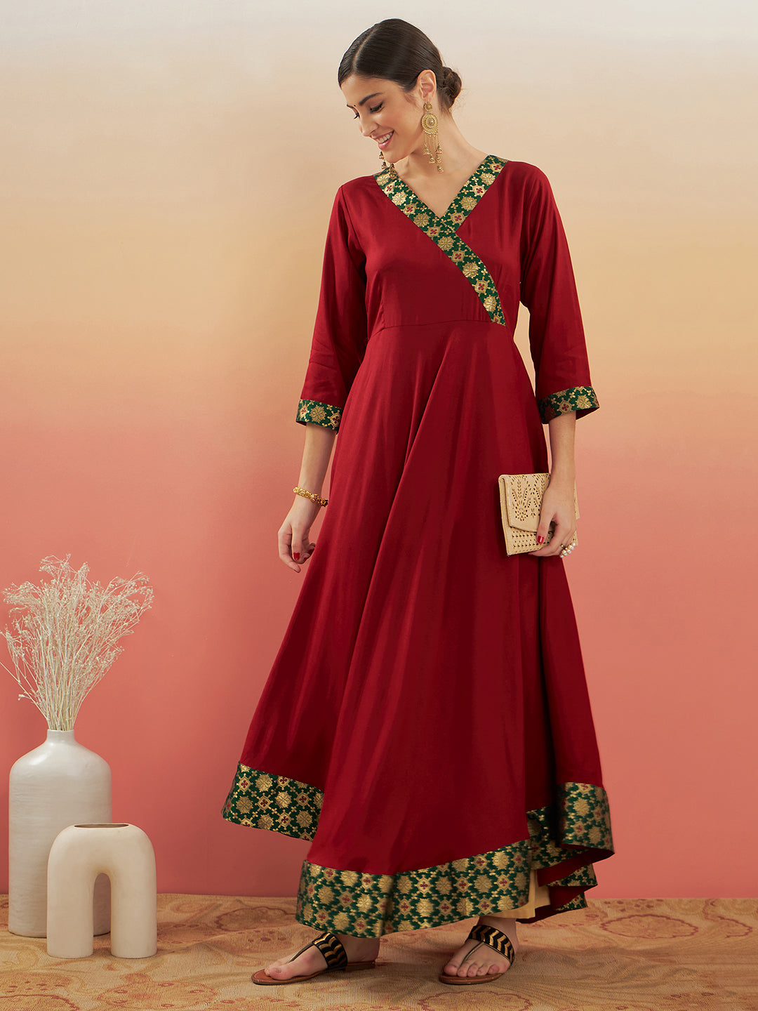InWeave Women's Maroon Green Border Anarkali Kurta - Distacart