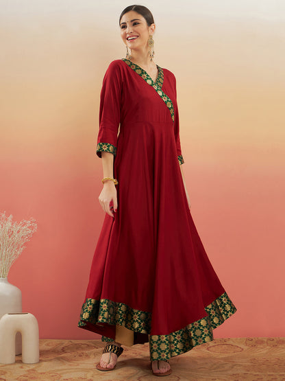 InWeave Women's Maroon Green Border Anarkali Kurta - Distacart