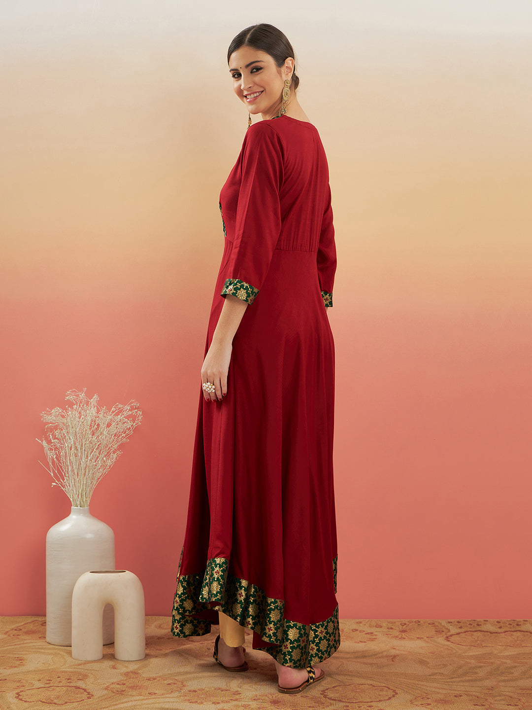 InWeave Women's Maroon Green Border Anarkali Kurta - Distacart
