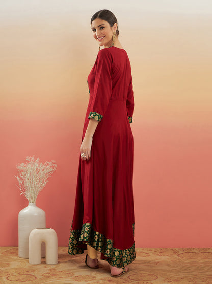 InWeave Women's Maroon Green Border Anarkali Kurta - Distacart