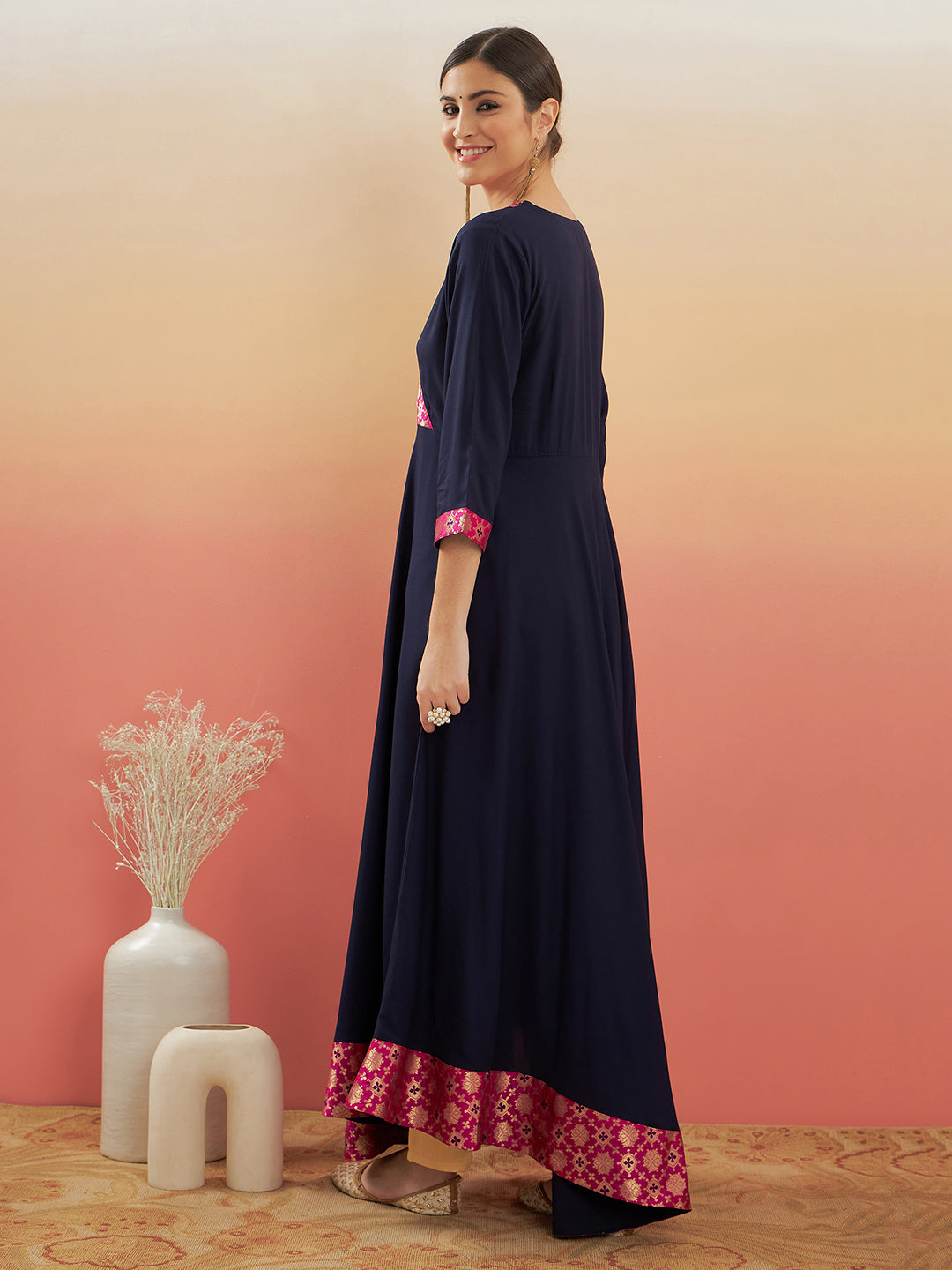 InWeave Women's Navy Blue Pink Border Anarkali Kurta - Distacart