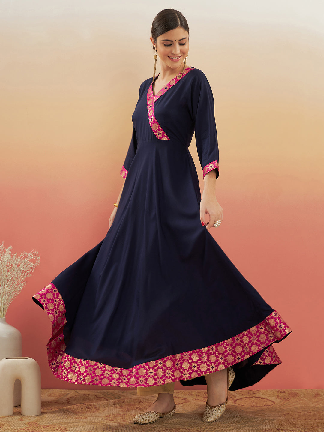 InWeave Women's Navy Blue Pink Border Anarkali Kurta - Distacart