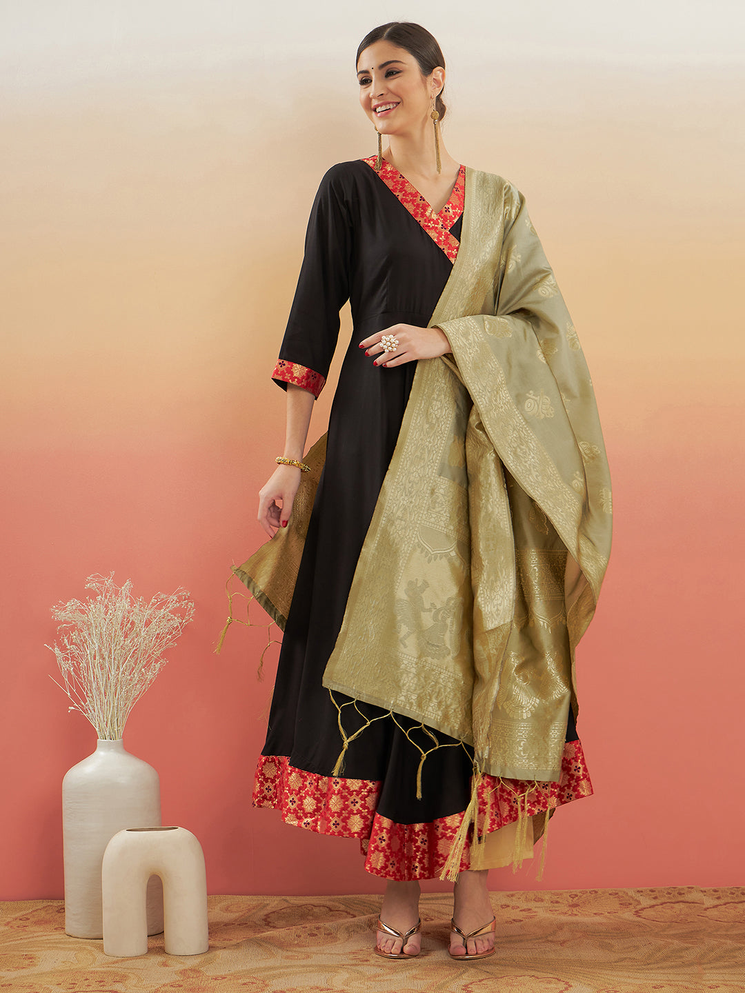 InWeave Women's Black Red Border Anarkali W Golden Wedding Brocade Dupatta - Distacart