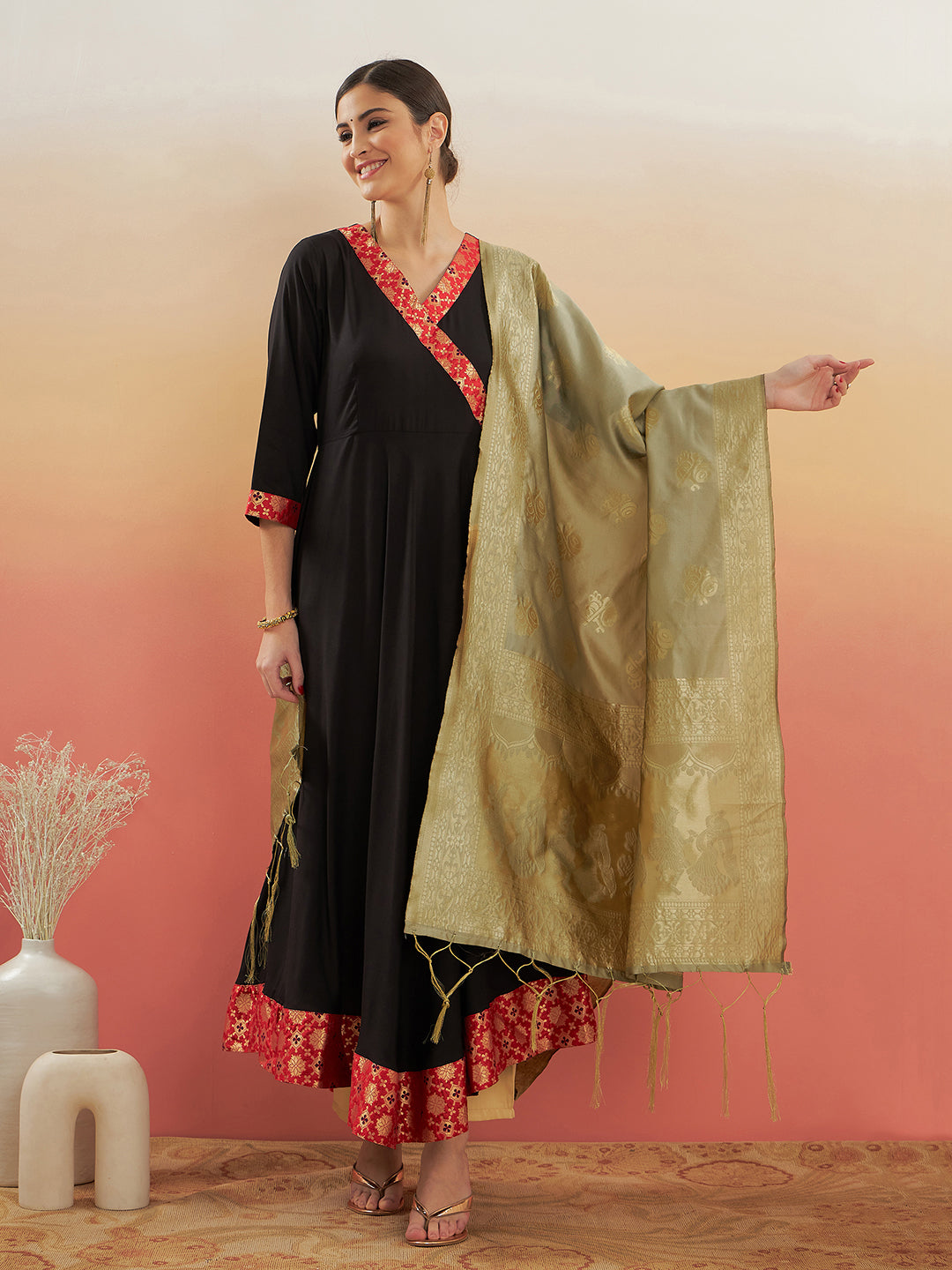 InWeave Women's Black Red Border Anarkali W Golden Wedding Brocade Dupatta - Distacart