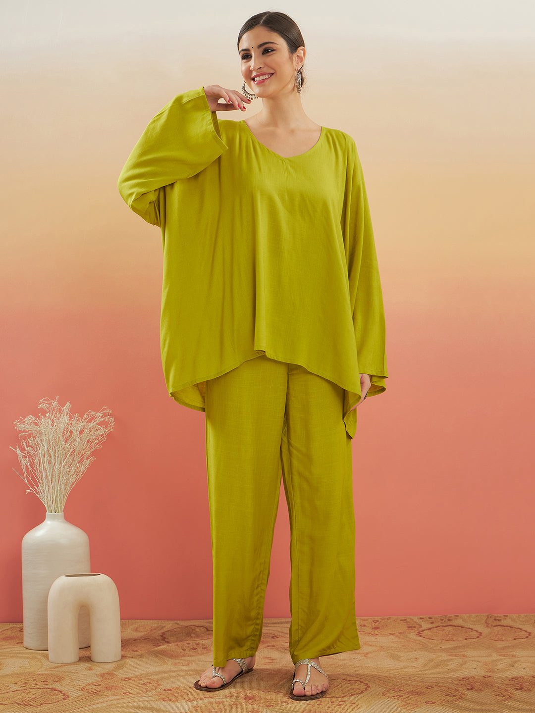 InWeave Women's Pear Green Solid Boho Full Sleeve Coord Set - Distacart