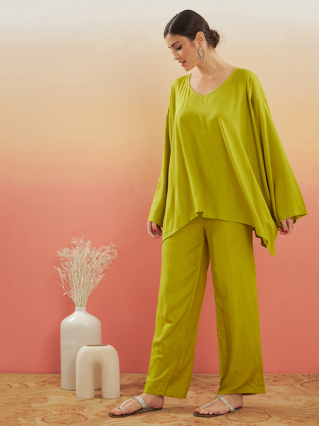 InWeave Women's Pear Green Solid Boho Full Sleeve Coord Set - Distacart