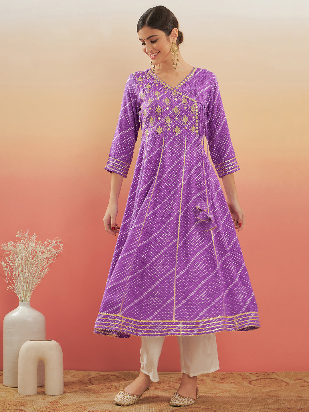 InWeave Women's Lilac Purple Lehriya Gota Work Angrakha Style Anarkali Kurta - Distacart