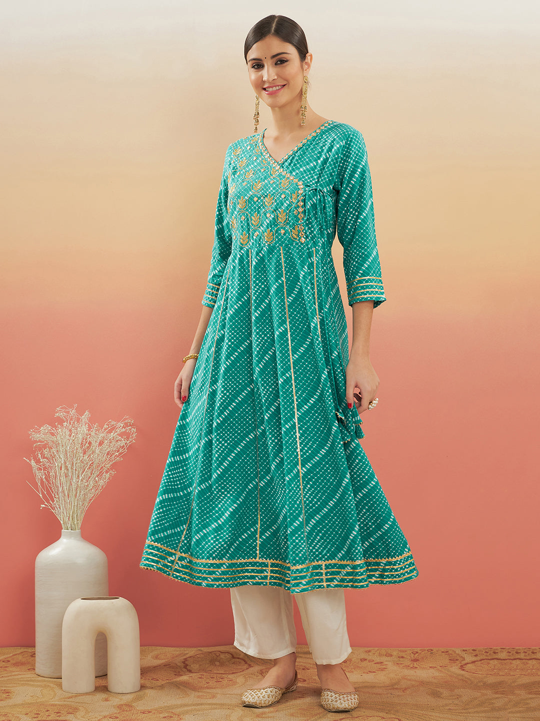 InWeave Women's Teal Lehriya Gota Work Angrakha Style Anarkali Kurta - Distacart