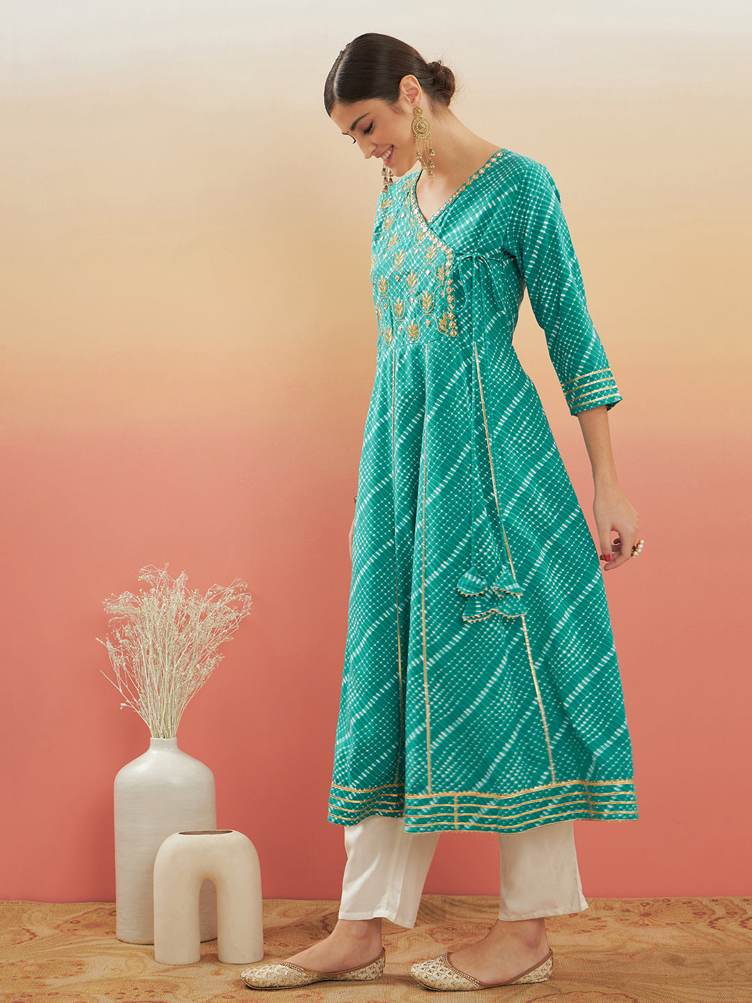 InWeave Women's Teal Lehriya Gota Work Angrakha Style Anarkali Kurta - Distacart