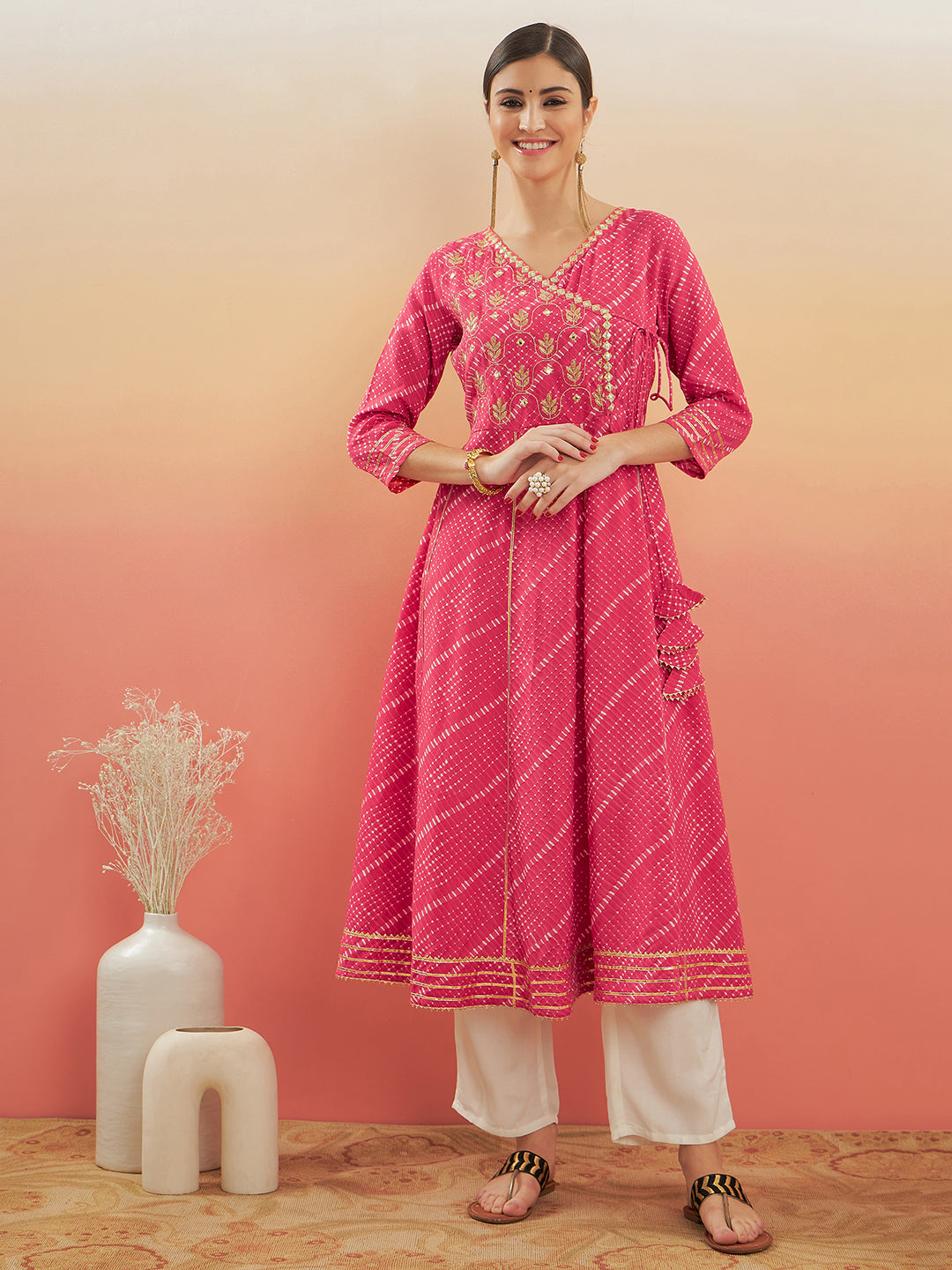 InWeave Women's Punch Pink Lehriya Gota Work Angrakha Style Anarkali Kurta - Distacart