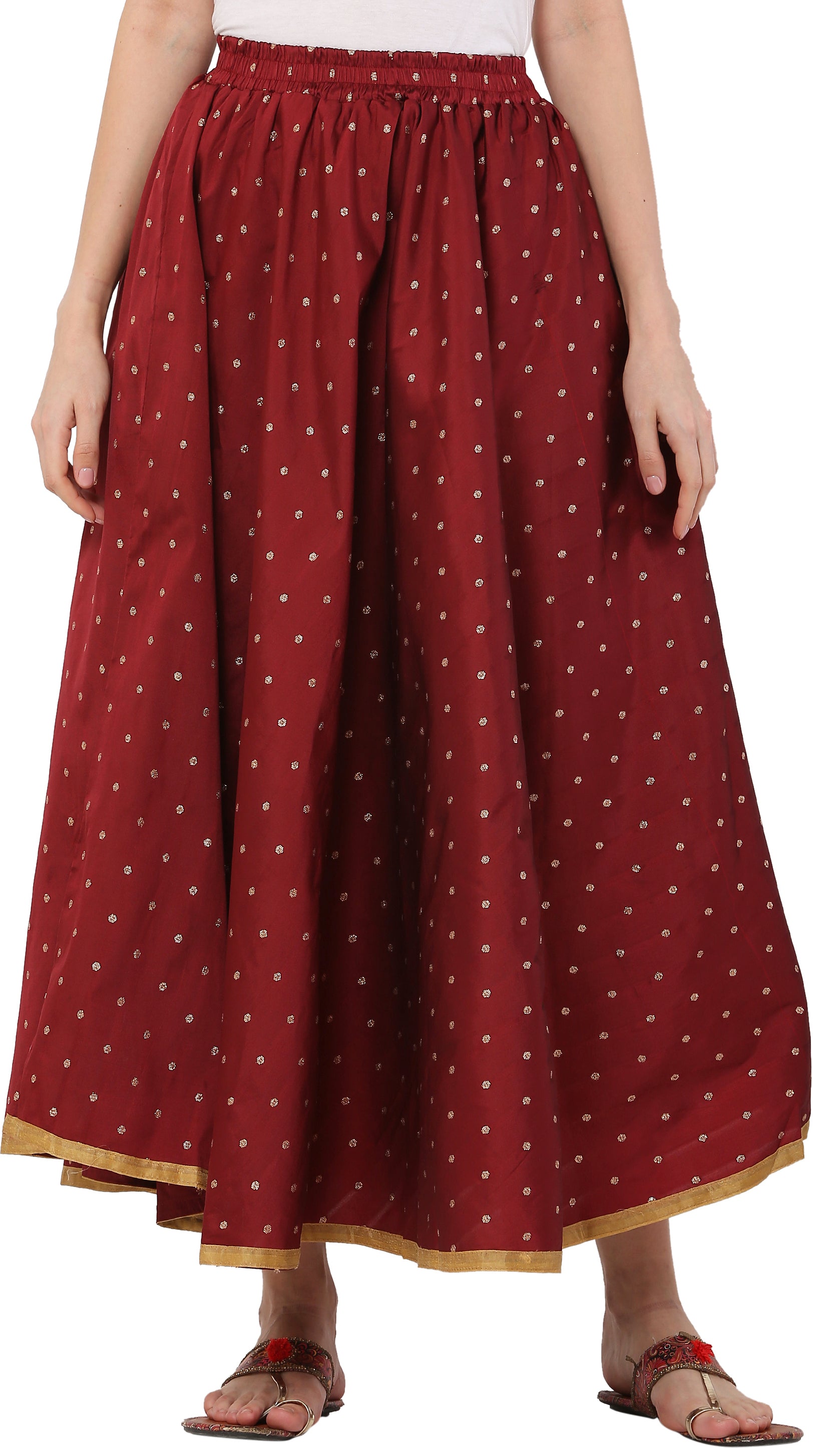 PAVONINE Maroon Color Golden Zari Work Satan Fabric Maxi Skirt For Women - Distacart