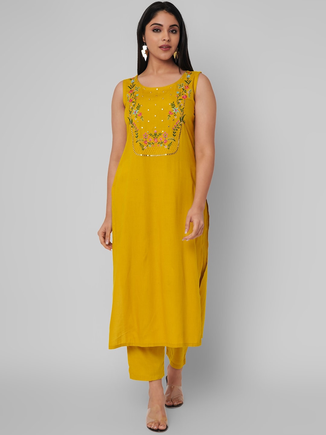 Kalini Women Mustard Yellow Embroidered Mirror Work Kurta with Trousers - Distacart