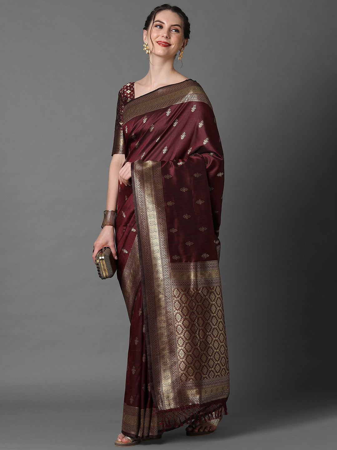 Mitera Brown & Gold-Coloured Ethnic Motifs Woven Design Silk Blend Banarasi Saree - Distacart