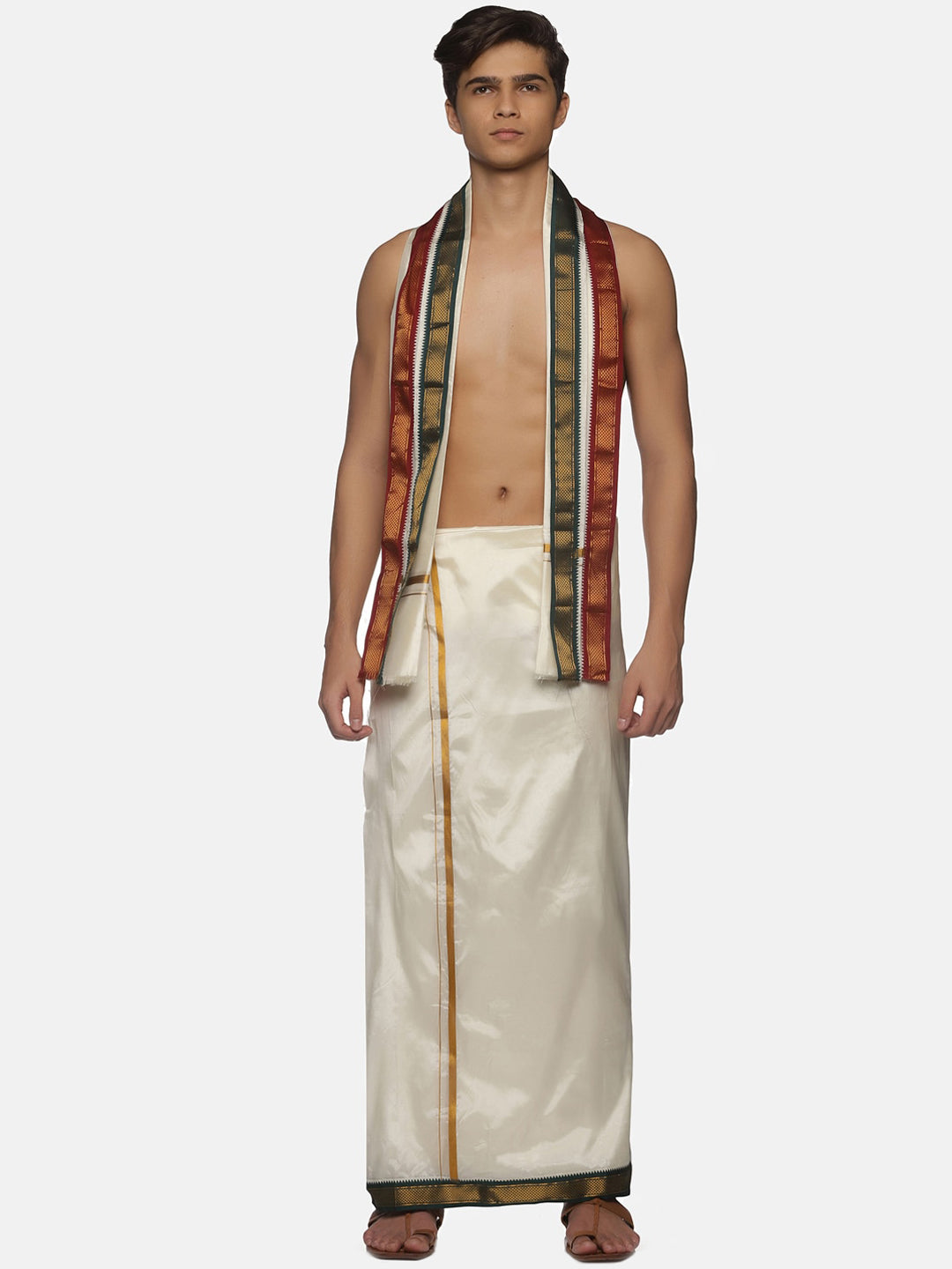 Sethukrishna Men Cream-Coloured Solid Dhotis With Angavastram - Distacart