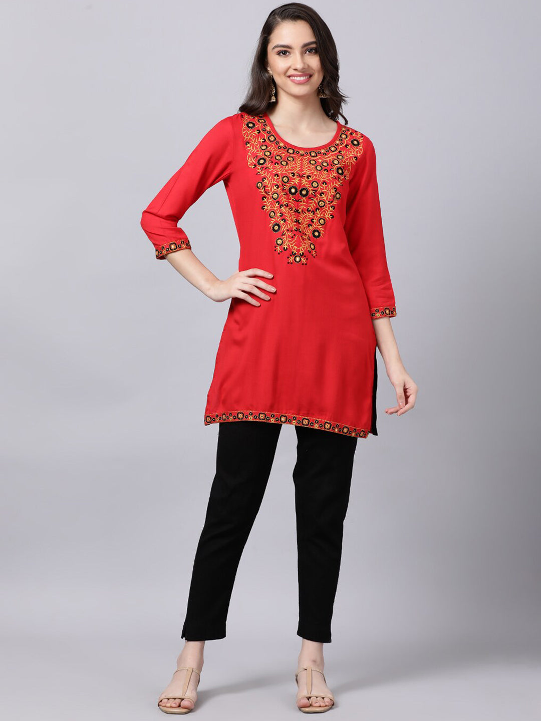 Souchii Women Red Yoke Design Thread Work Grandeur & Majestic Artwork Kurta - Distacart