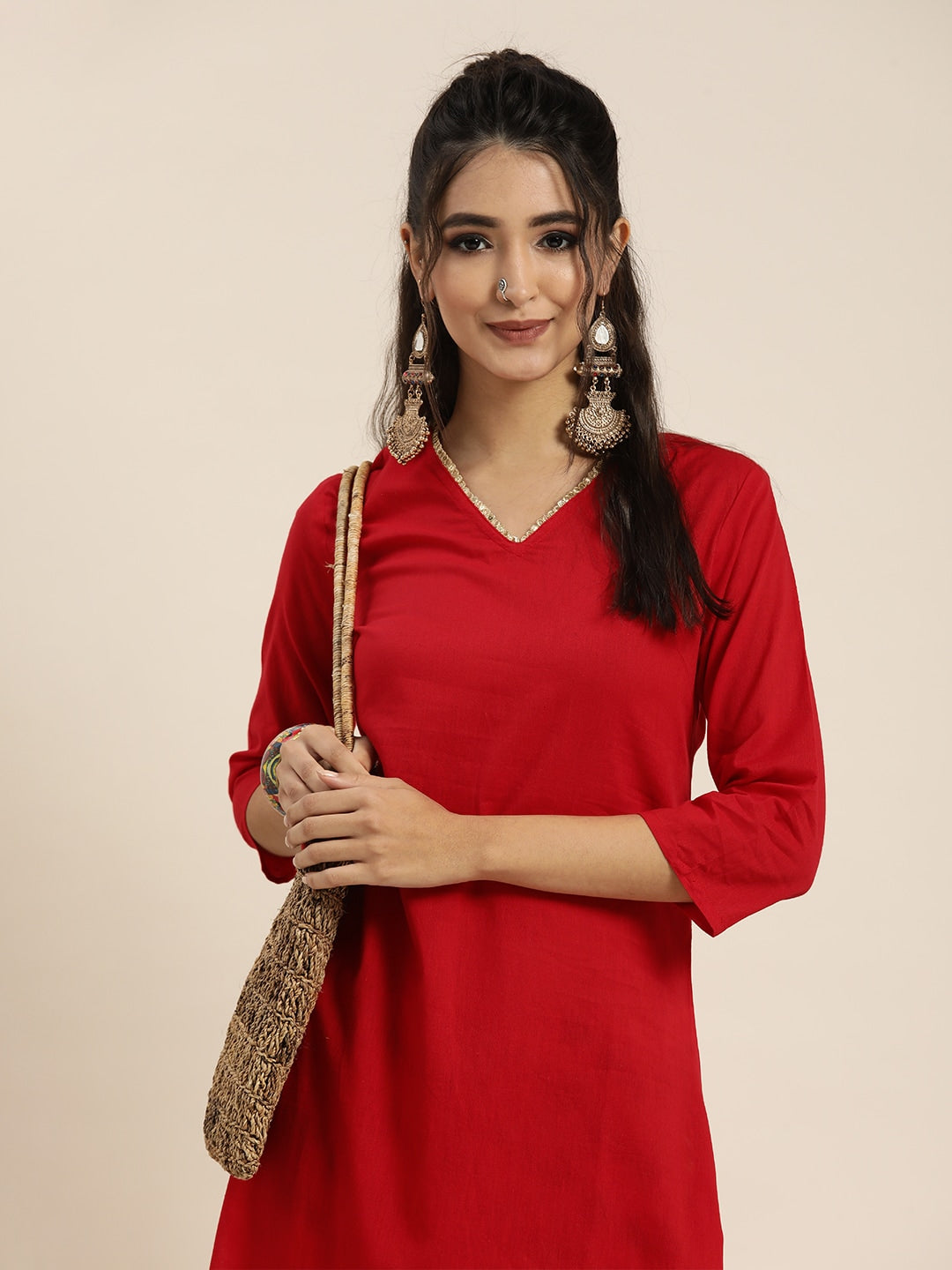 Sangria Women Red Solid Pure Cotton Gotta Patti Kurta with Abstract Print Trousers - Distacart