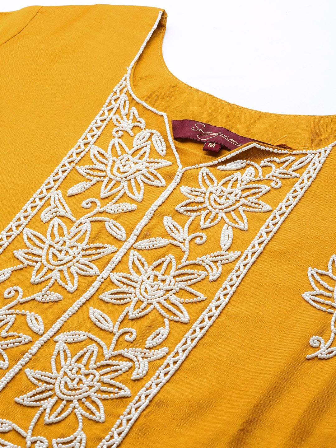 Sangria Women Mustard Yellow & White Embellished Beaded Kurta with Trousers & Dupatta - Distacart