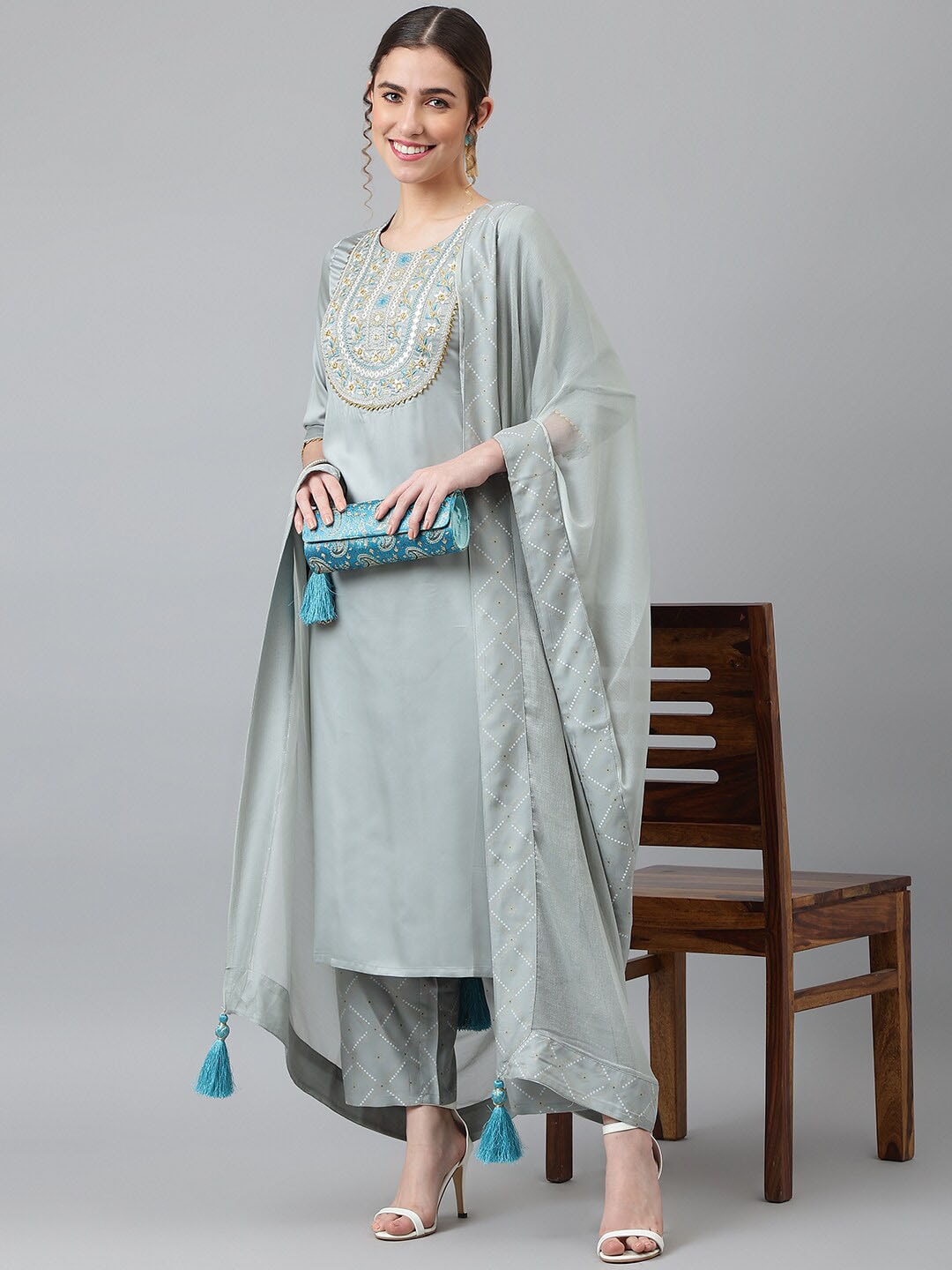 Khushal K Floral Yoke Design Sequined Kurta with Palazzos & Dupatta - Distacart