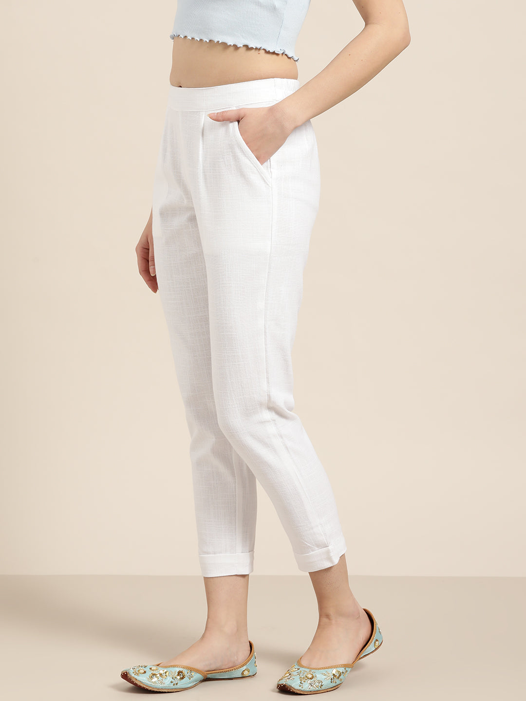 Jaipur Kurti Women White Regular Cropped Trousers - Distacart