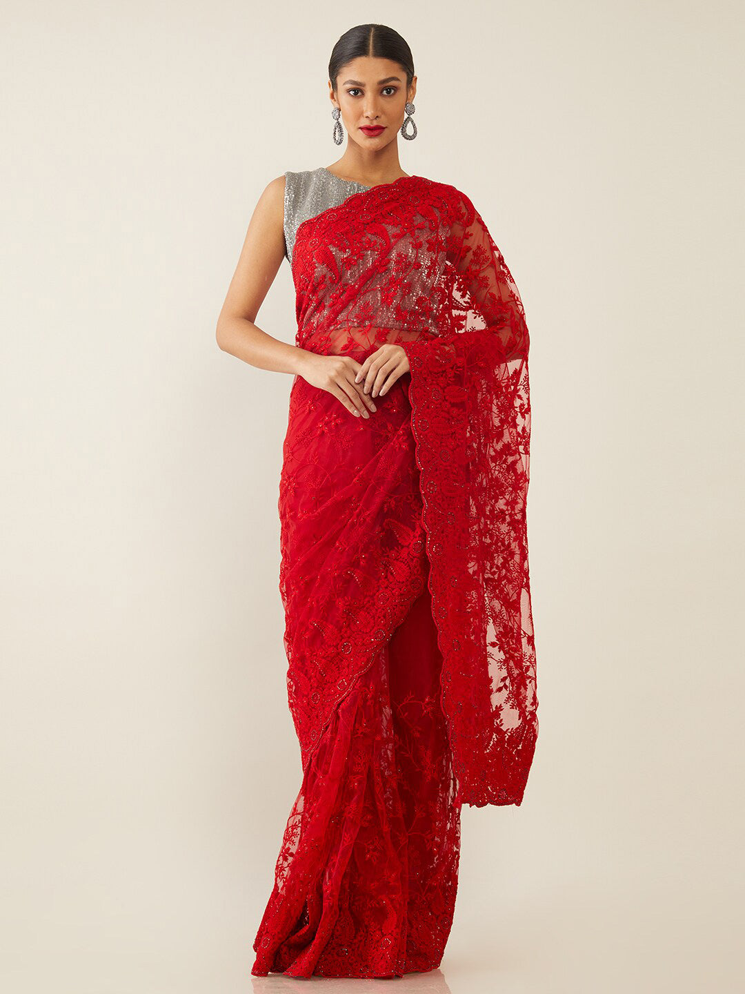 Soch Women Red Embroidered Net Saree - Distacart
