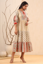 Thumbnail for Juniper Womens Beige Cambric Floral Printed Tiered Dress - Distacart