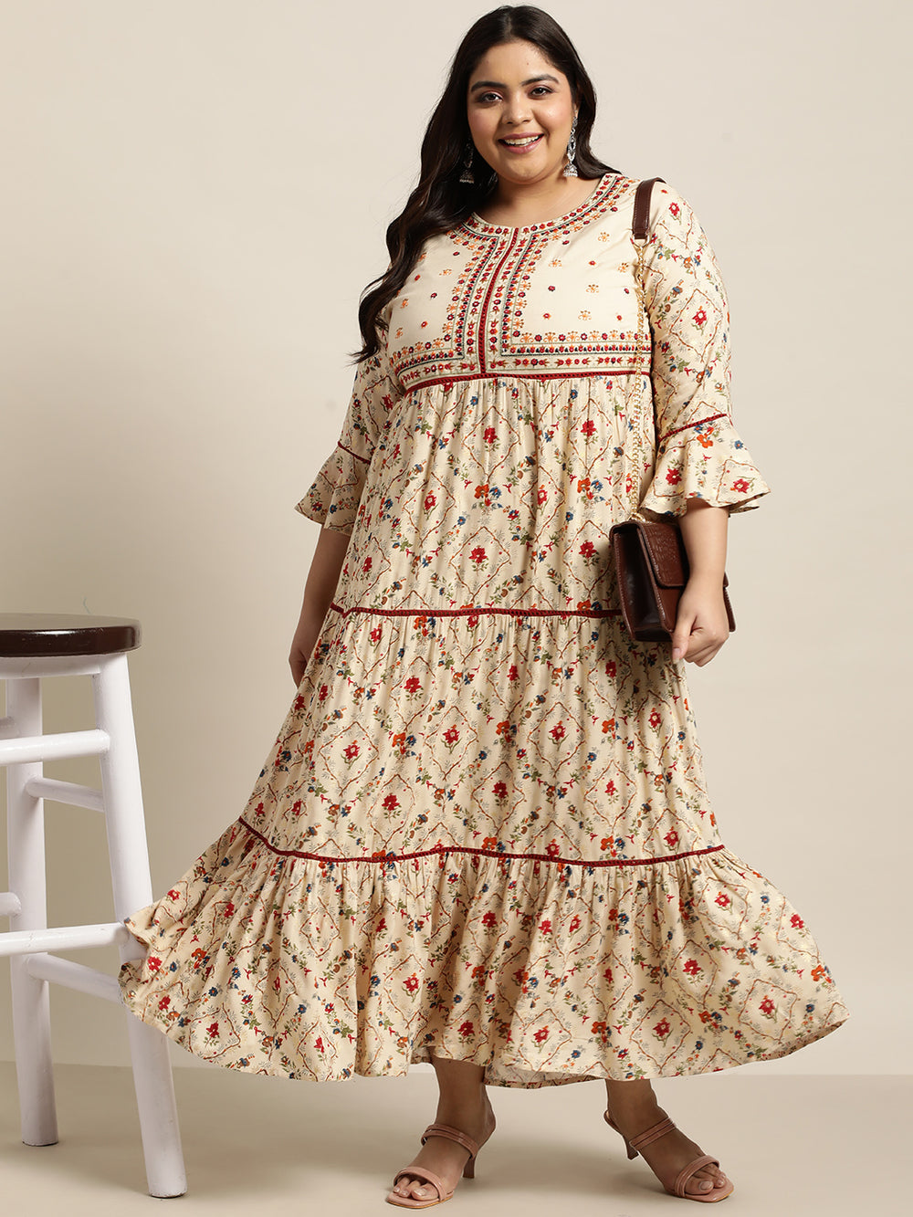 Juniper Women`s Beige Rayon Festive Wear Embroidered & Printed Tiered Dress - Distacart