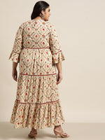 Thumbnail for Juniper Women`s Beige Rayon Festive Wear Embroidered & Printed Tiered Dress - Distacart