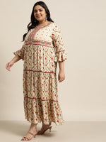 Thumbnail for Juniper Women`s Beige Rayon Festive Wear Embroidered & Printed Tiered Dress - Distacart