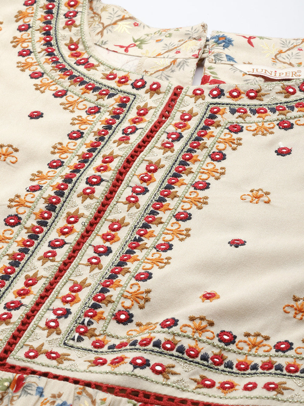 Juniper Women`s Beige Rayon Festive Wear Embroidered & Printed Tiered Dress - Distacart