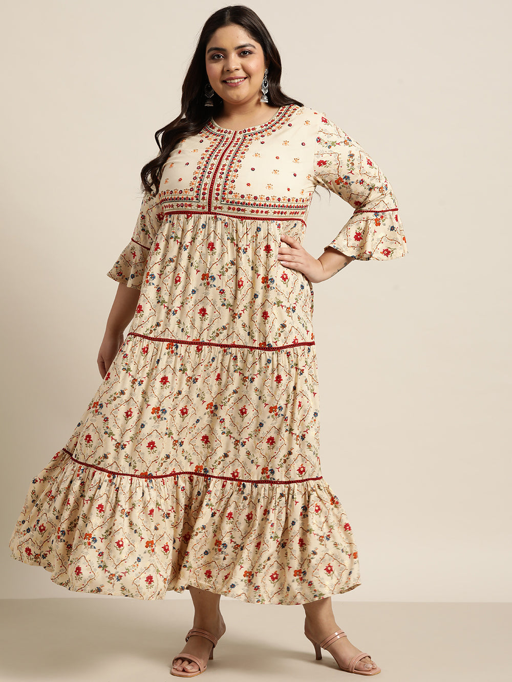 Juniper Women`s Beige Rayon Festive Wear Embroidered & Printed Tiered Dress - Distacart