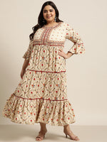 Thumbnail for Juniper Women`s Beige Rayon Festive Wear Embroidered & Printed Tiered Dress - Distacart