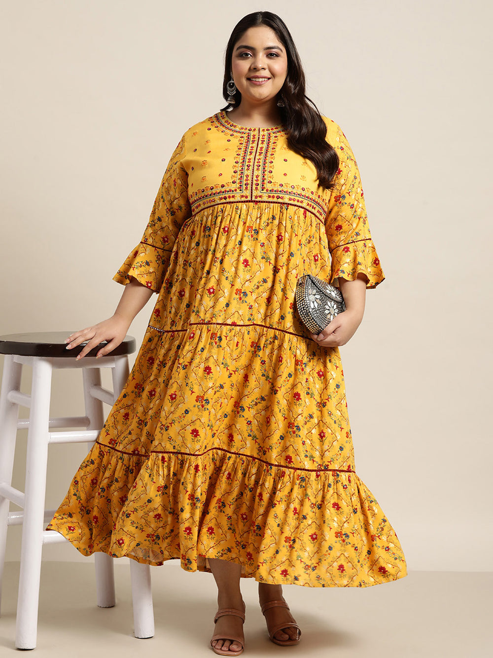 Juniper Women`s Yellow Rayon Festive Wear Embroidered & Printed Tiered Dress - Distacart