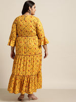 Thumbnail for Juniper Women`s Yellow Rayon Festive Wear Embroidered & Printed Tiered Dress - Distacart