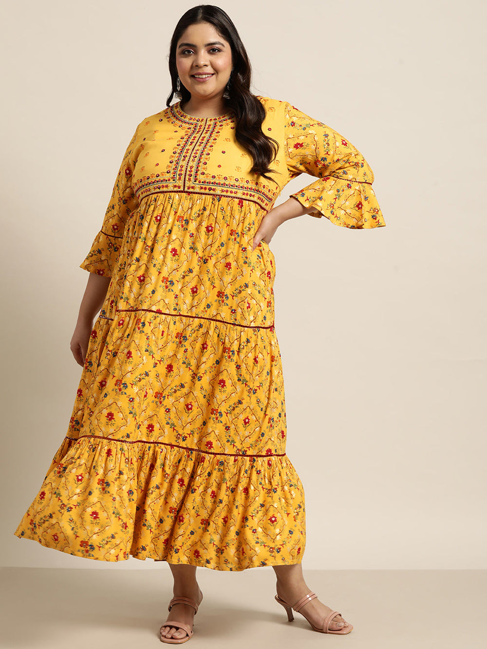 Juniper Women`s Yellow Rayon Festive Wear Embroidered & Printed Tiered Dress - Distacart