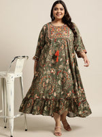 Thumbnail for Juniper Women`s Mehendi Green Rayon Festive Wear Embroidered & Printed Tiered Dress - Distacart