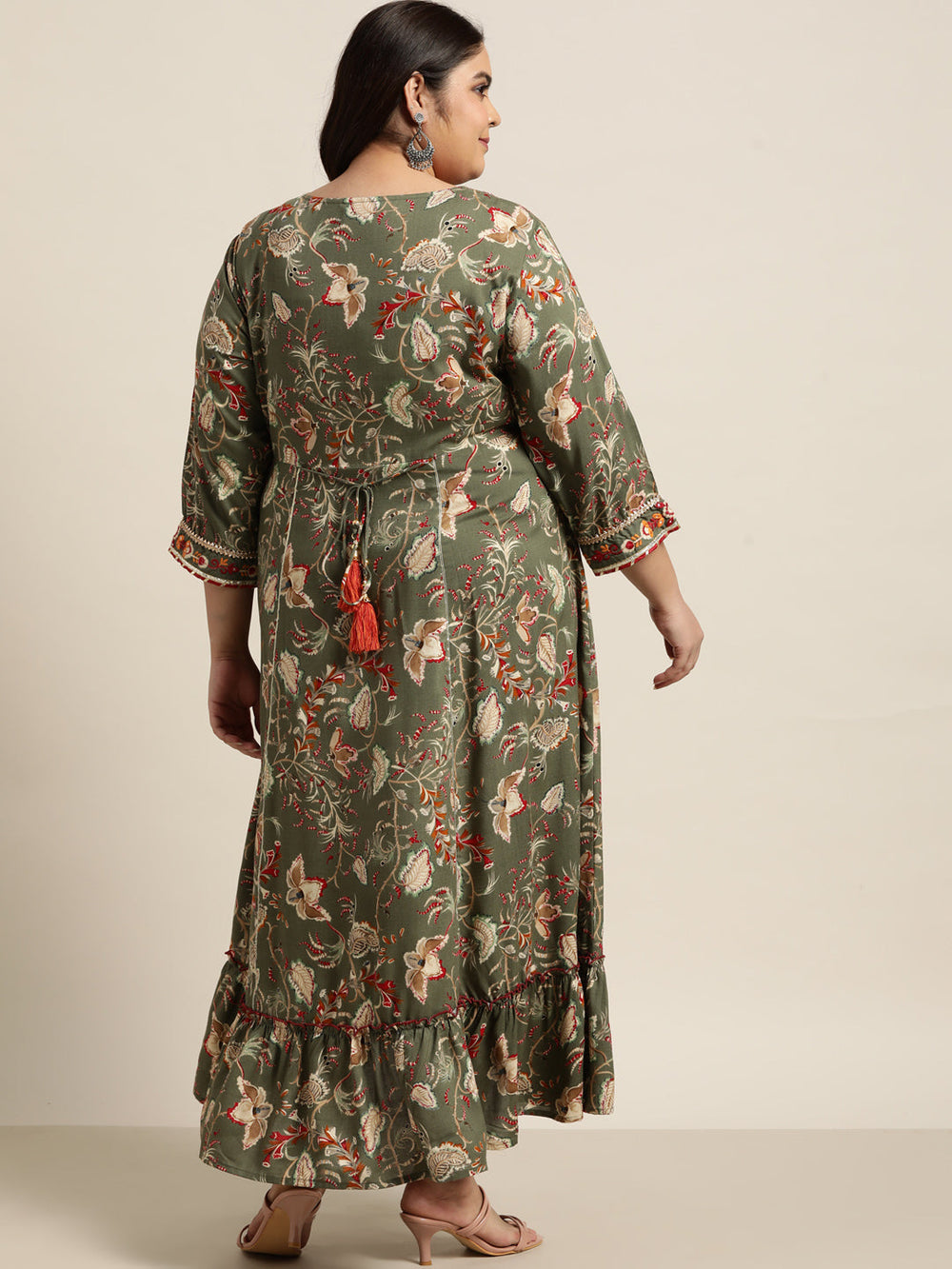 Juniper Women`s Mehendi Green Rayon Festive Wear Embroidered & Printed Tiered Dress - Distacart