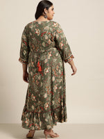 Thumbnail for Juniper Women`s Mehendi Green Rayon Festive Wear Embroidered & Printed Tiered Dress - Distacart