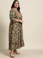 Thumbnail for Juniper Women`s Mehendi Green Rayon Festive Wear Embroidered & Printed Tiered Dress - Distacart
