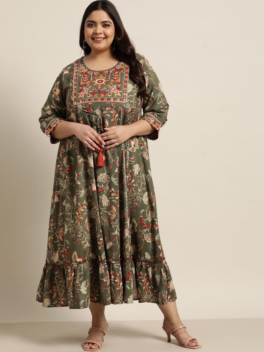 Juniper Women`s Mehendi Green Rayon Festive Wear Embroidered & Printed Tiered Dress - Distacart