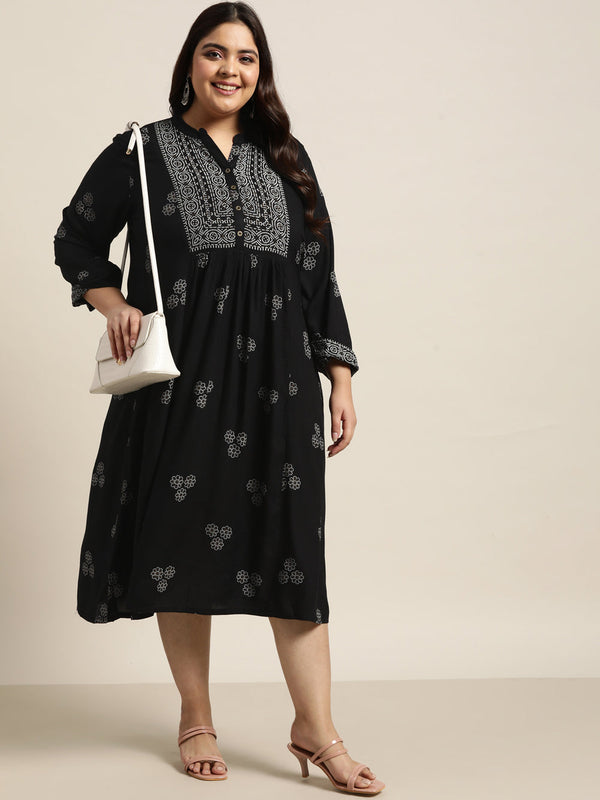Juniper Women`s Black Rayon Casual Wear Printed Flared Dress - Distacart