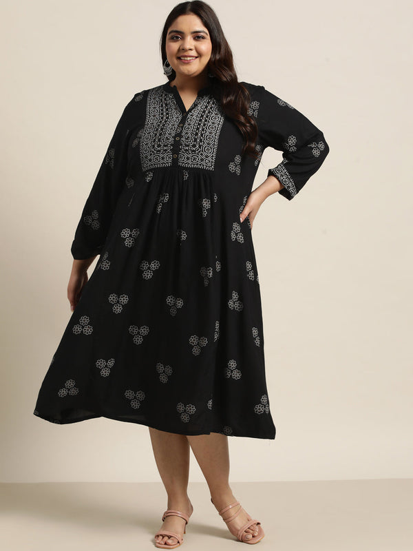 Juniper Women`s Black Rayon Casual Wear Printed Flared Dress - Distacart