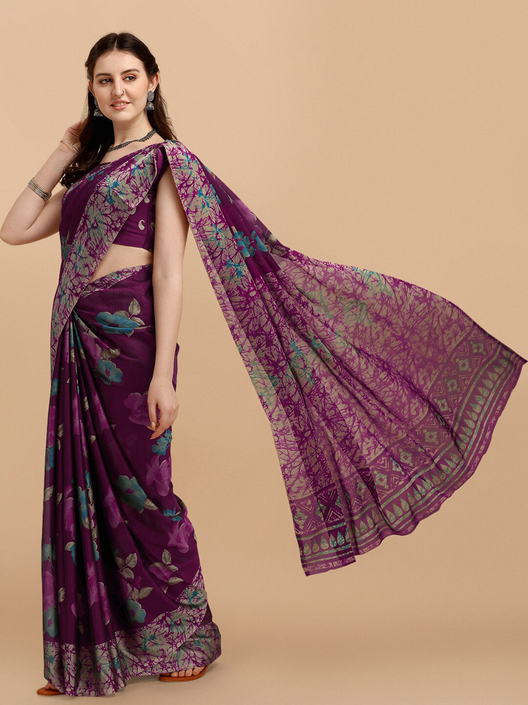 Kalini Purple & Blue Floral Printed Saree - Distacart