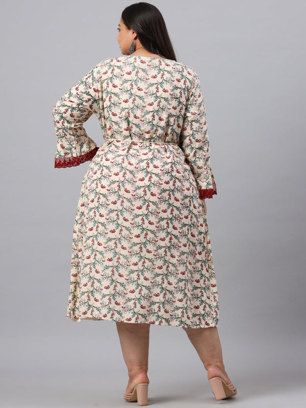 Juniper Women`s Ivory Rayon Festive Wear Embroidered & Printed Flared Dress - Distacart