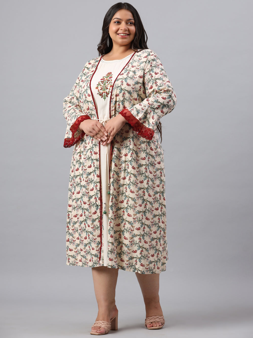 Juniper Women`s Ivory Rayon Festive Wear Embroidered & Printed Flared Dress - Distacart