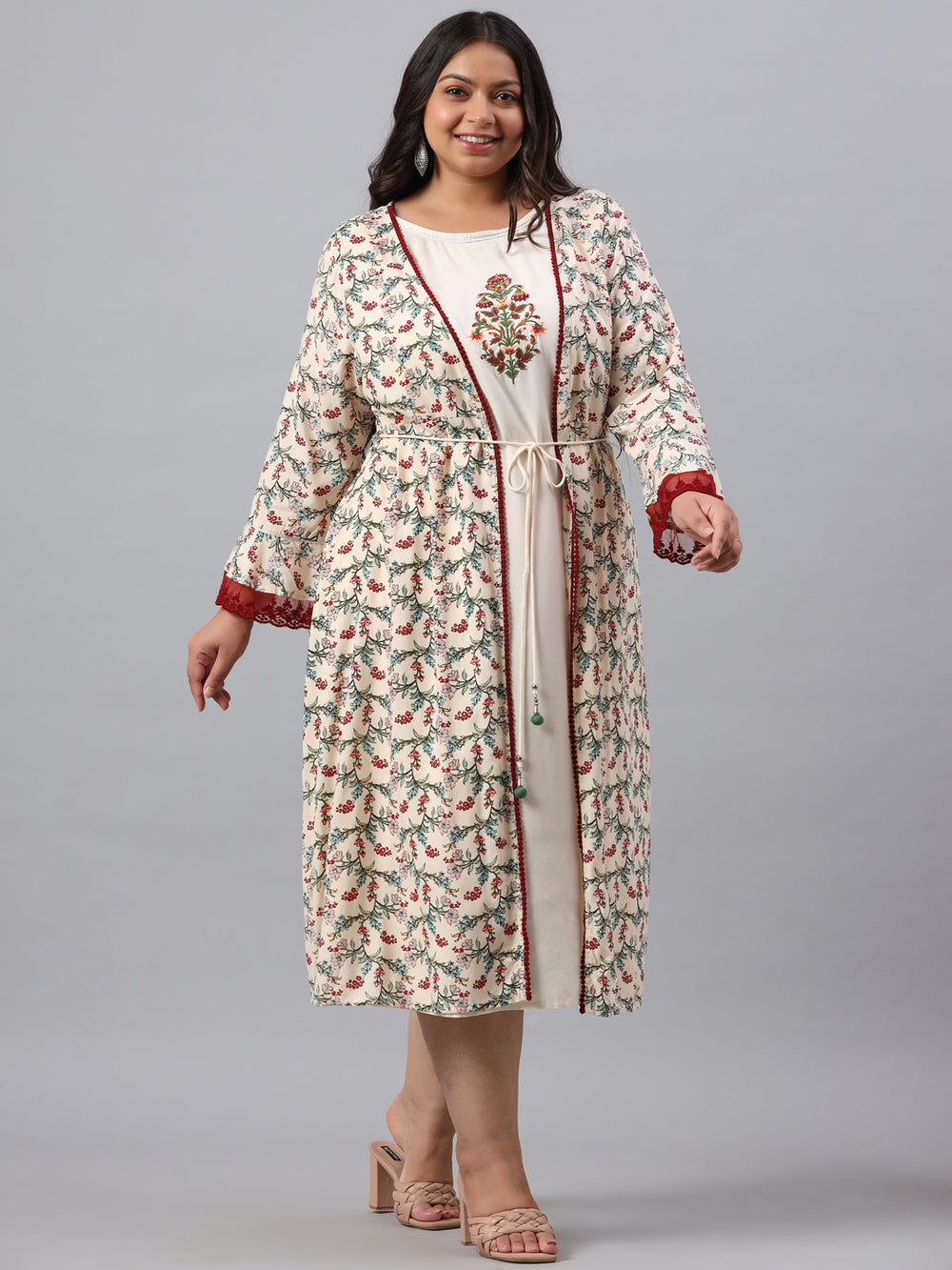 Juniper Women`s Ivory Rayon Festive Wear Embroidered & Printed Flared Dress - Distacart