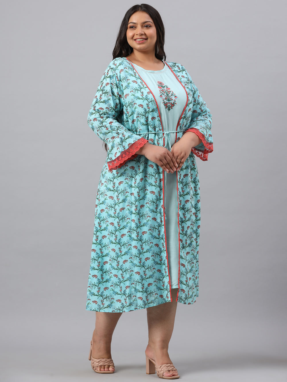 Juniper Women`s Sky Blue Rayon Festive Wear Embroidered & Printed Flared Dress - Distacart