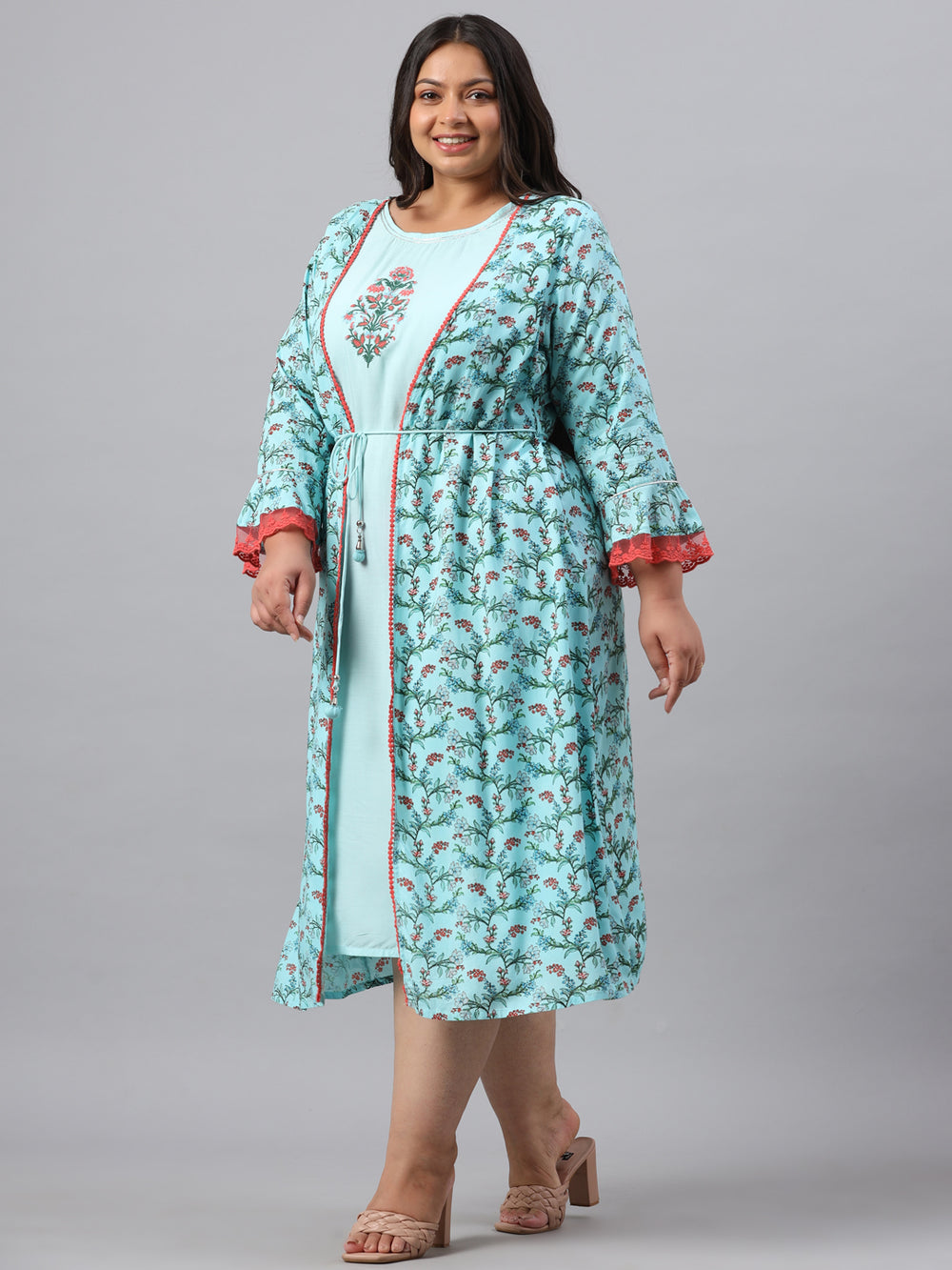 Juniper Women`s Sky Blue Rayon Festive Wear Embroidered & Printed Flared Dress - Distacart