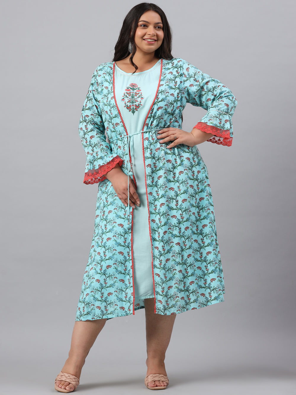 Juniper Women`s Sky Blue Rayon Festive Wear Embroidered & Printed Flared Dress - Distacart