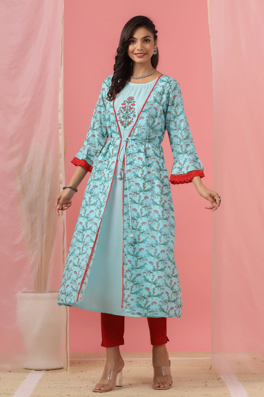 Juniper Women`s Skyblue Rayon Embroidered & Printed Flared Dress - Distacart