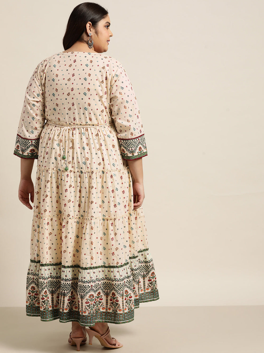 Juniper Women`s Ivory Cambric Festive Wear Printed Tiered Dress - Distacart